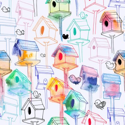 Papier peint à motif  Oiseaux et mangeoires aquarelles