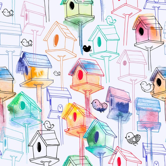 Papier peint à motif  Oiseaux et mangeoires aquarelles