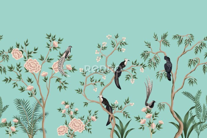 Papier peint à motif  Oiseaux exotiques sur des branches d'arbres