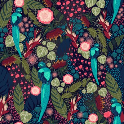 Papier peint à motif  Oiseaux exotiques turquoise et tropiques