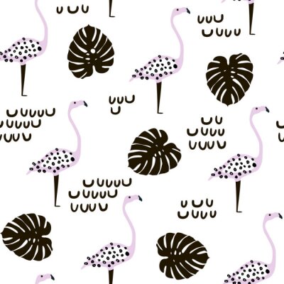 Papier peint à motif  Oiseaux flamants peints et feuilles de monstera