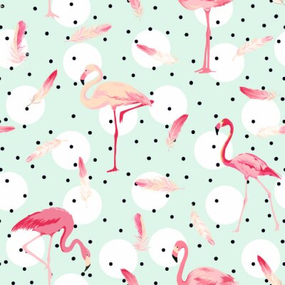 Papier peint à motif  Oiseaux flamants roses à pois