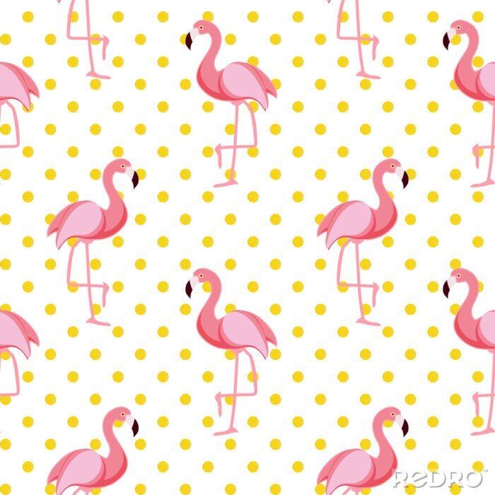 Papier peint à motif  Oiseaux Flamingo et pois jaunes