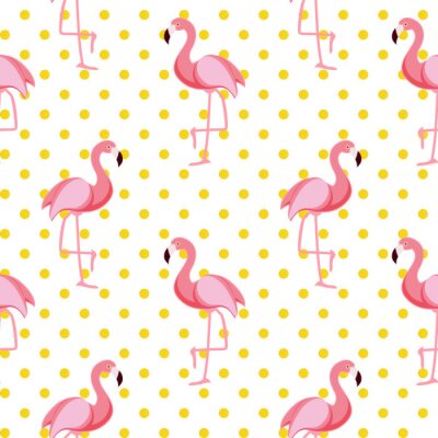 Papier peint à motif  Oiseaux Flamingo et pois jaunes