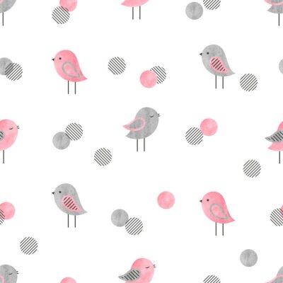Papier peint à motif  Oiseaux gris et roses sur un fond blanc