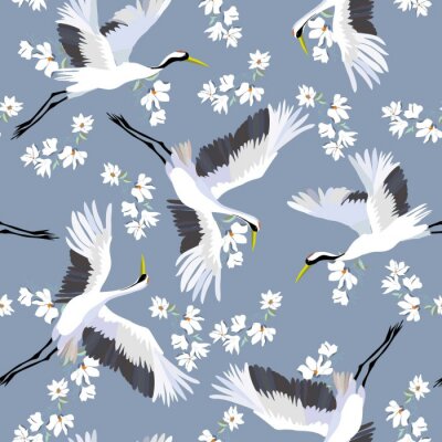 Papier peint à motif  Oiseaux grues et fleurs blanches sur fond bleu