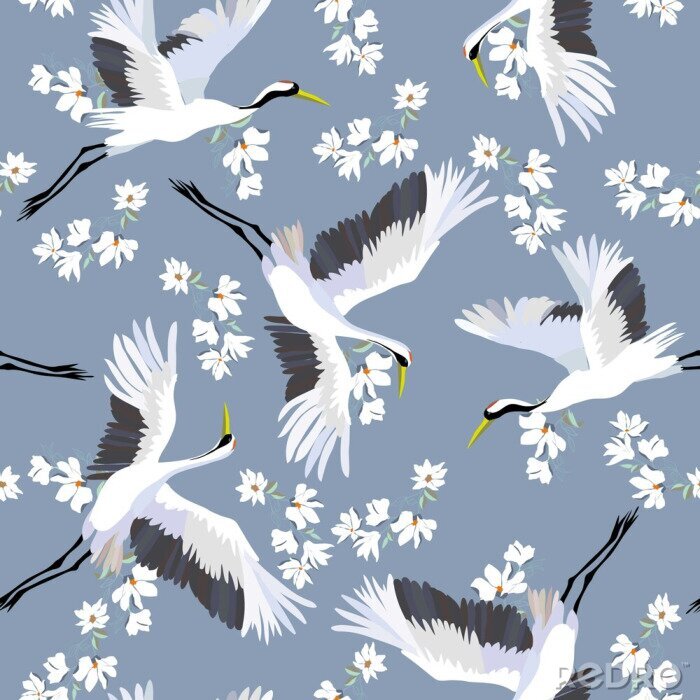 Papier peint à motif  Oiseaux grues et fleurs blanches sur fond bleu