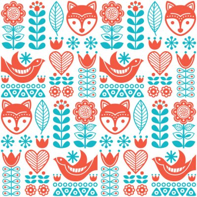 Papier peint à motif  Oiseaux oranges et renards aux plantes bleues