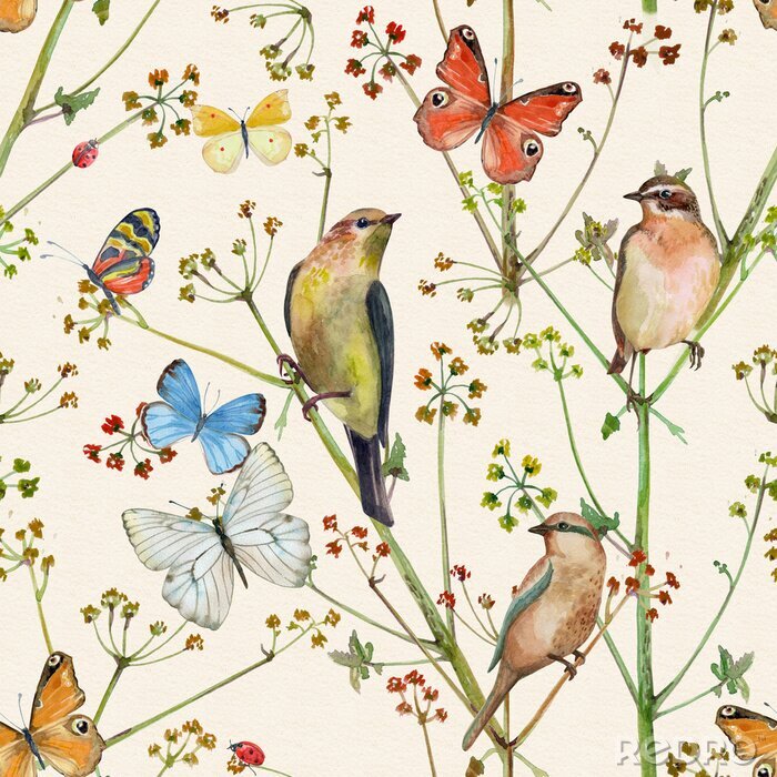 Papier peint à motif  Oiseaux papillons et fleurs