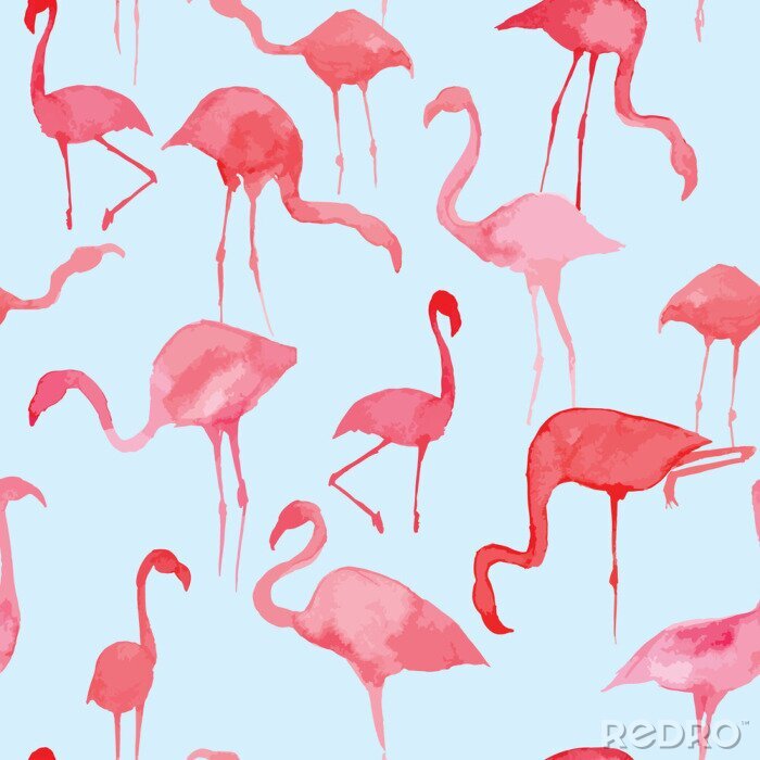 Papier peint à motif  Oiseaux roses à l'aquarelle
