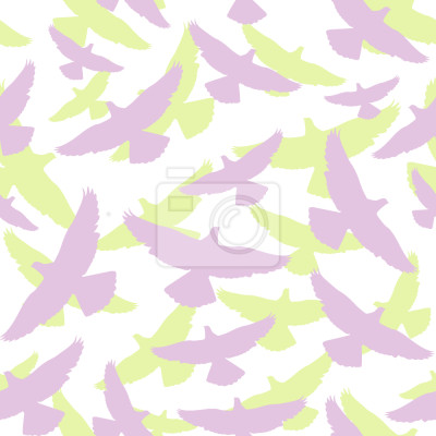 Papier peint à motif  Oiseaux roses et jaunes en vol sur fond blanc