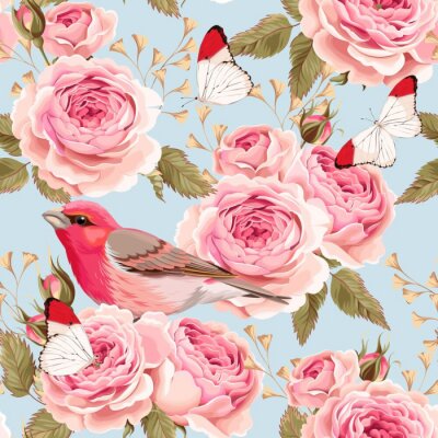 Papier peint à motif  Oiseaux roses roses et papillons