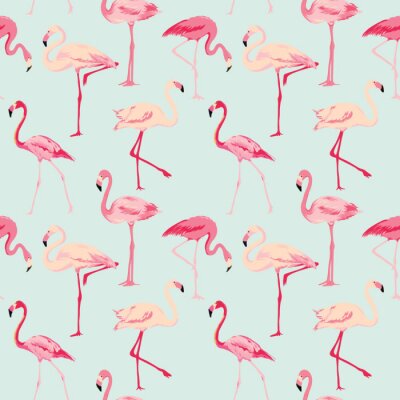 Papier peint à motif  Oiseaux roses sur fond bleu