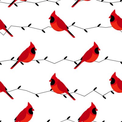 Papier peint à motif  Oiseaux rouges sur fond blanc