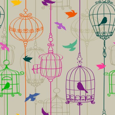 Papier peint à motif  Oiseaux s'échappant de cages