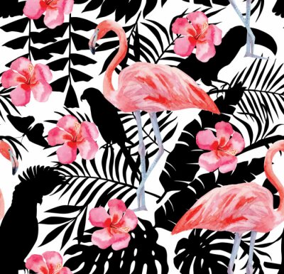 Papier peint à motif  Oiseaux sur des branches de plantes tropicales