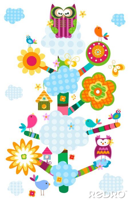 Papier peint à motif  Oiseaux sur un arbre arc-en-ciel abstrait