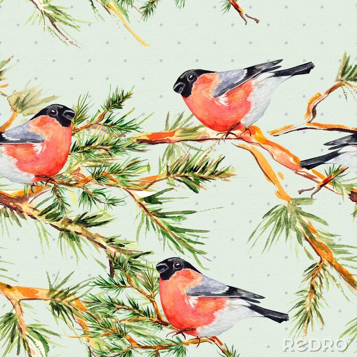 Papier peint à motif  Oiseaux sur une branche de pin
