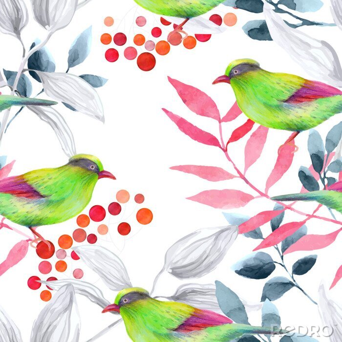 Papier peint à motif  Oiseaux verts sur fond de feuilles rouges