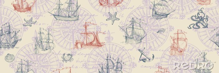 Papier peint à motif  Old caravel, vintage sailboat. Hand drawn vector sketch. Vector seamless pattern