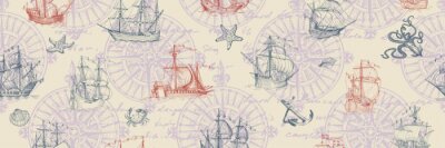 Papier peint à motif  Old caravel, vintage sailboat. Hand drawn vector sketch. Vector seamless pattern