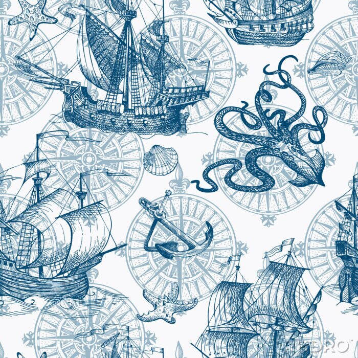 Papier peint à motif  Old caravel, vintage sailboat, sea monster. Vector seamless pattern