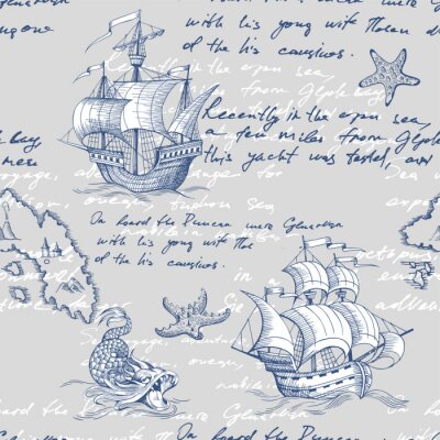 Papier peint à motif  Old caravel, vintage sailboat, sea monster. Vector seamless pattern