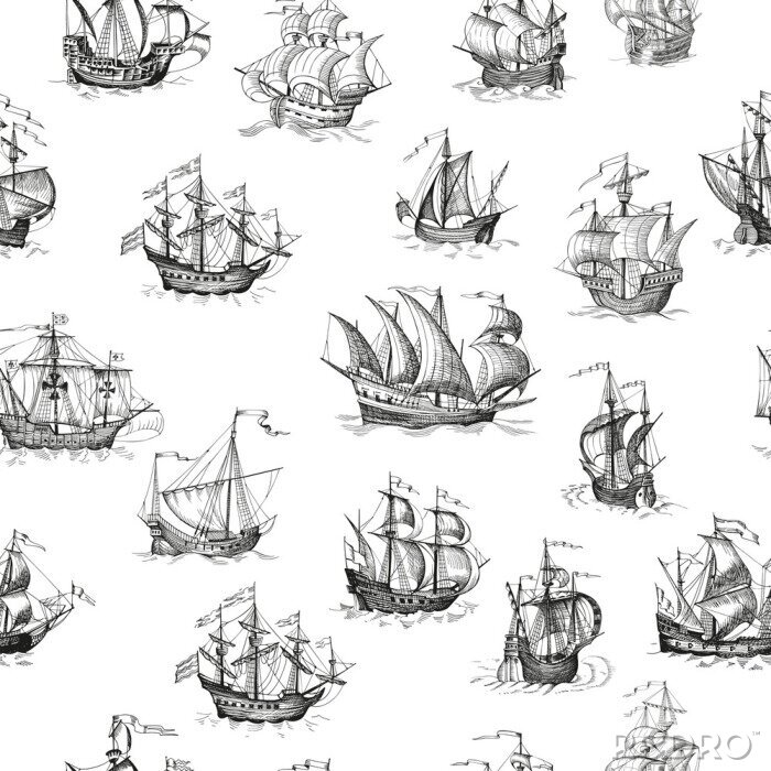 Papier peint à motif  Old caravel, vintage sailboat. Vector seamless pattern