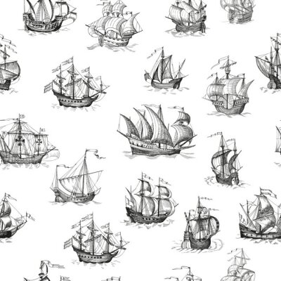 Papier peint à motif  Old caravel, vintage sailboat. Vector seamless pattern