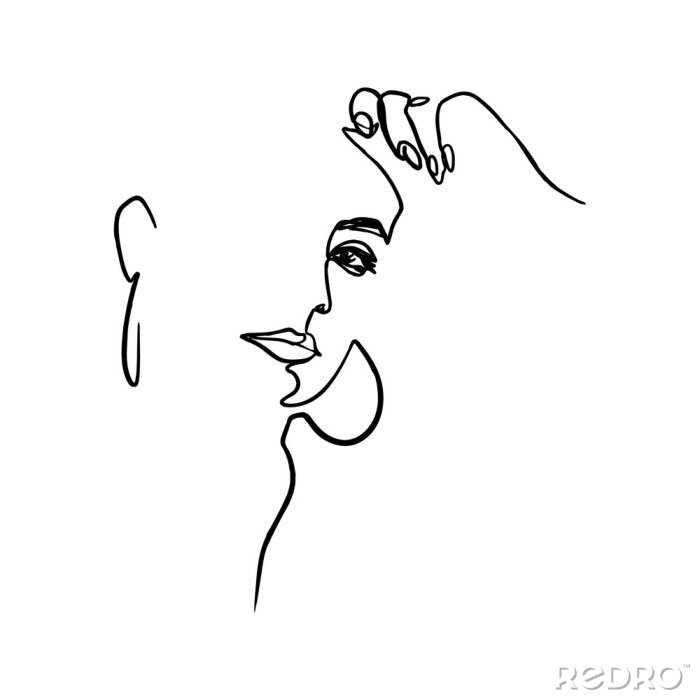 Papier peint à motif  One Line Woman's Face and Hand. Continuous line Portrait of a girl In a Modern Minimalist Style. Vector Illustration young female. For printing on t-shirt, Web Design, beauty Salons, Posters