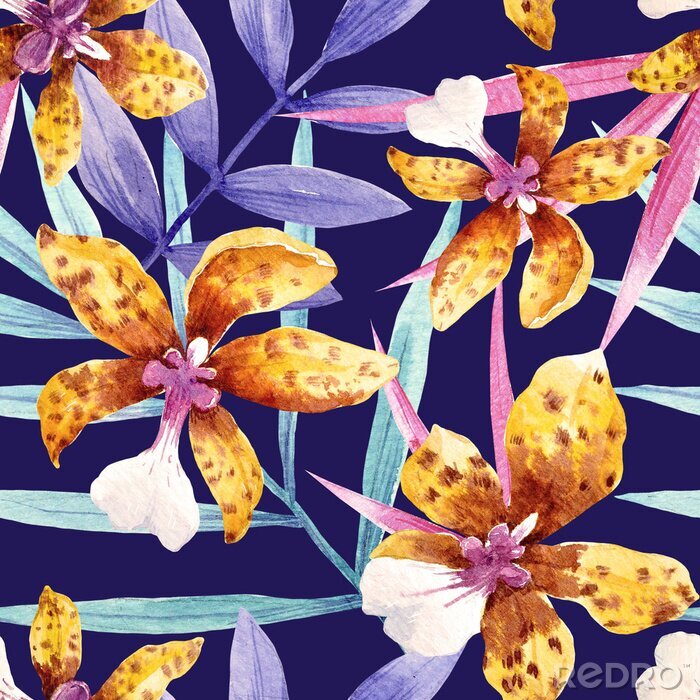 Papier peint à motif  Orchidée aquarelle fleurs motif tropical