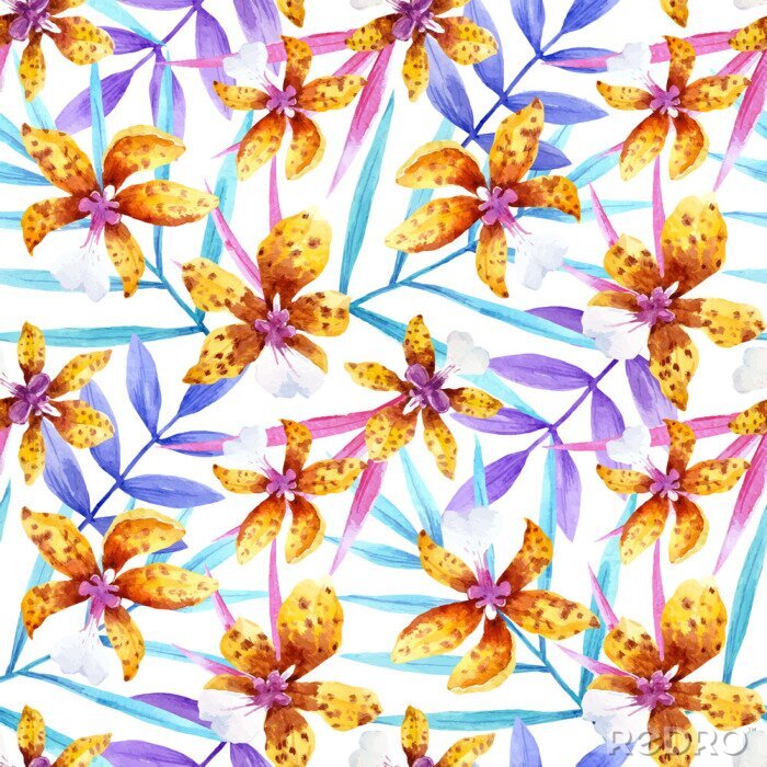 Papier peint à motif  Orchidée aquarelle fleurs motif vecteur tropical