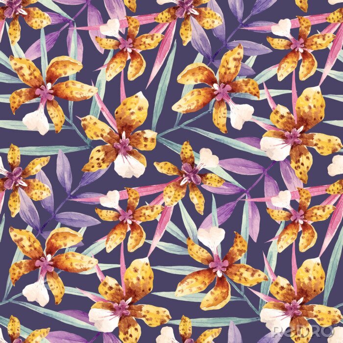 Papier peint à motif  Orchidée aquarelle fleurs motif vecteur tropical