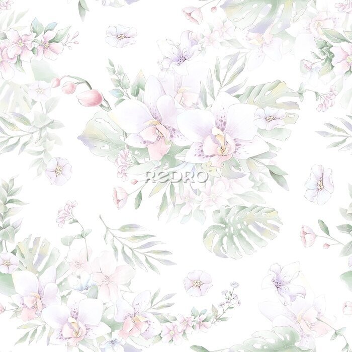 Papier peint à motif  Orchidées blanches et feuilles de monstera