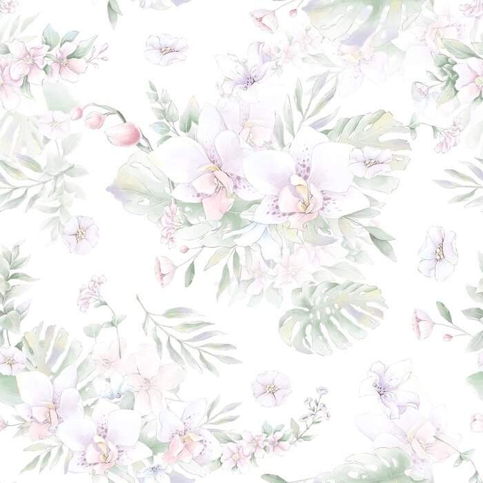 Papier peint à motif  Orchidées blanches et feuilles de monstera