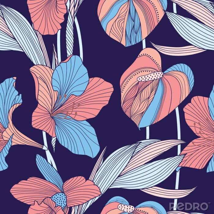 Papier peint à motif  Orchidées et lys style graphique