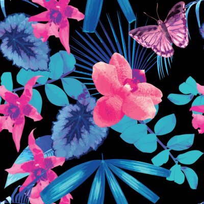 Papier peint à motif  orchidées, les papillons et les feuilles de palmier motif