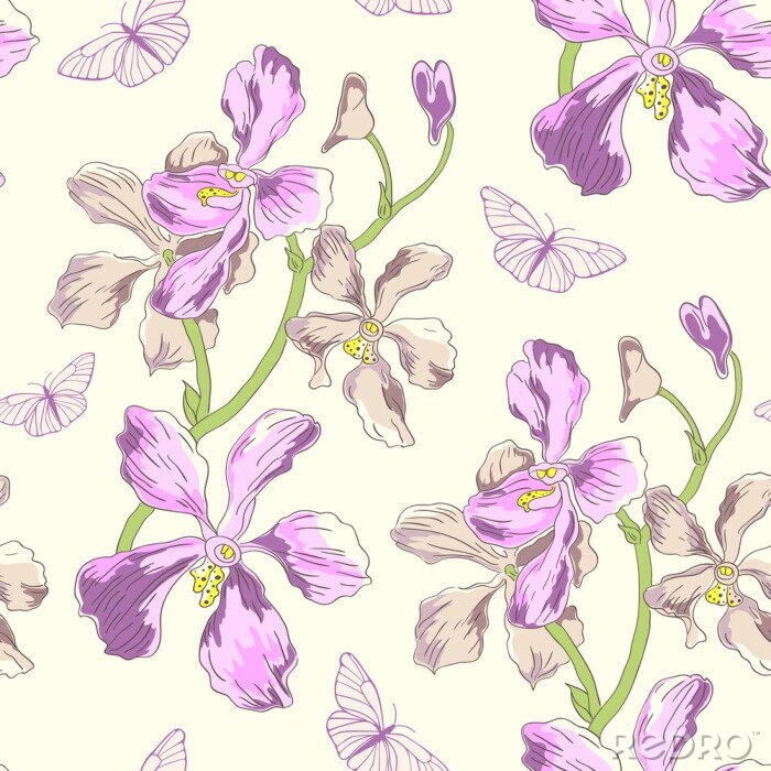 Papier peint à motif  Orchidées mauves et papillons