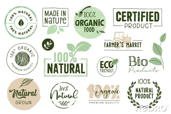 Papier peint à motif  Organic food, farm fresh and natural products labels and elements collection. Vector illustration for food market, e-commerce, restaurant, healthy life and premium quality food and drink promotion.