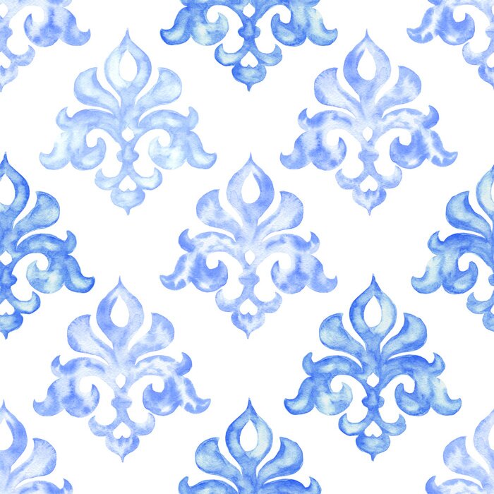 Papier peint à motif  Ornement aquarelle dessinés à la main, modèle sans couture bleu, arrière-plan extensible vintage.