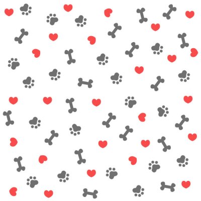 Papier peint à motif  Os gris, pattes grises et cœurs rouges