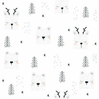 Papier peint à motif  Ours et rennes dans la forêt d'hiver