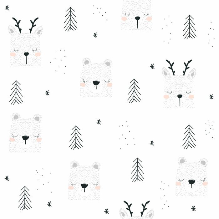 Papier peint à motif  Ours et rennes dans la forêt d'hiver