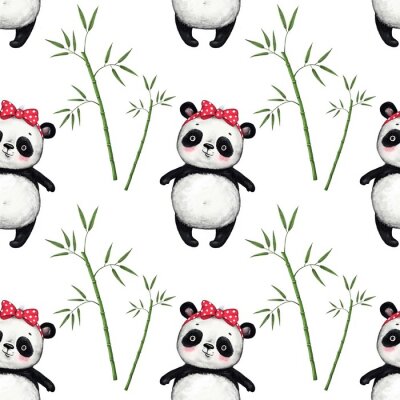 Papier peint à motif  Ours noirs et blancs parmi les branches de bambou