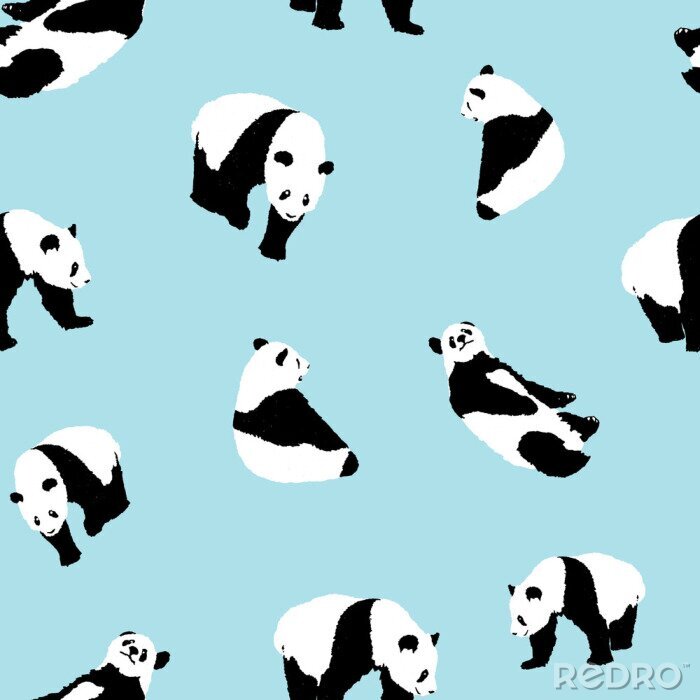 Papier peint à motif  Ours panda noir et blanc sur fond bleu