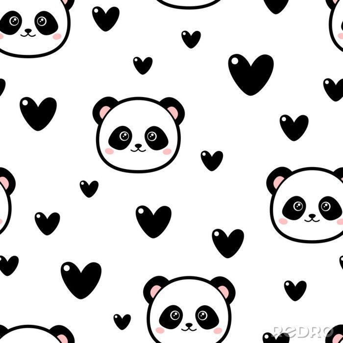 Papier peint à motif  Ours panda parmi les coeurs sur fond blanc