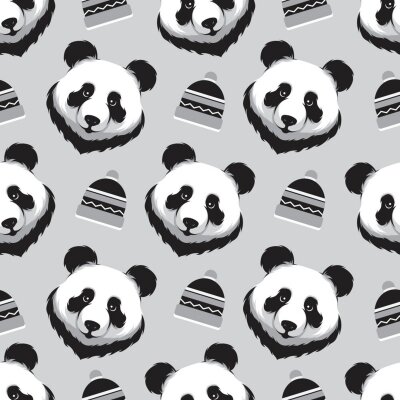 Papier peint à motif  Ours panda sur fond gris avec des chapeaux