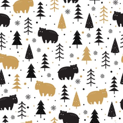 Papier peint à motif  Oursons dans la forêt scandinave