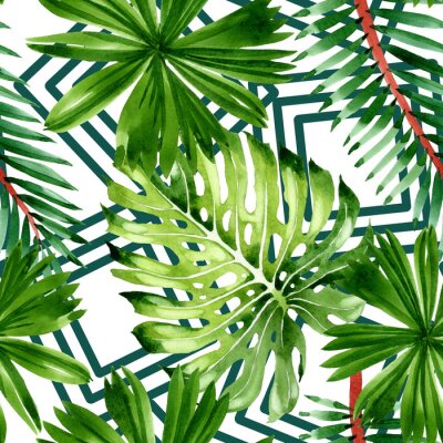 Papier peint à motif  Palm beach tree leaves jungle botanical. Watercolor background illustration set. Seamless background pattern.