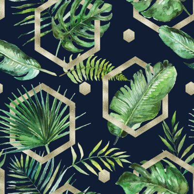 Papier peint à motif  Palmier tropical vert & feuilles de fougère avec des formes géométriques or sur fond noir. Aquarelle peinte modèle sans couture. Illustration tropicale. Feuillage de jungle.